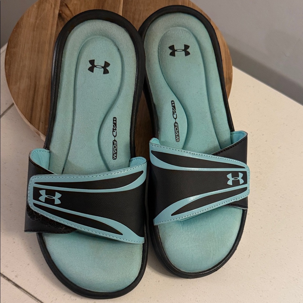 Under Armour Black and Light Blue Slide Sandals